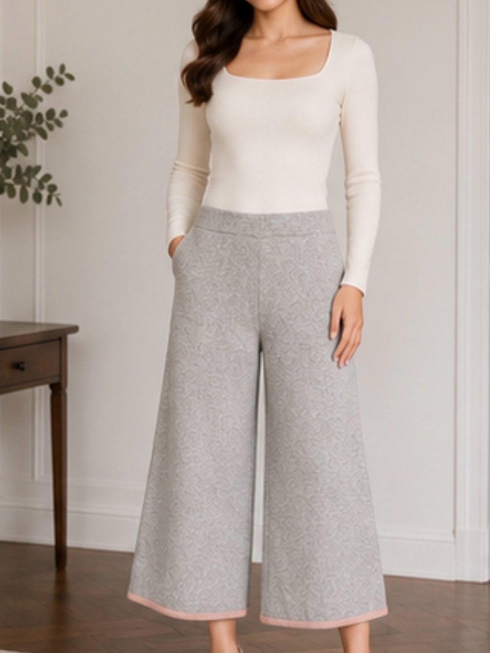 Abella Light Gray Wide-Leg Knit Culotte Pants with Pink Trim